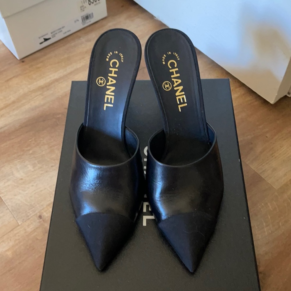 CHANEL Black Leather Mules